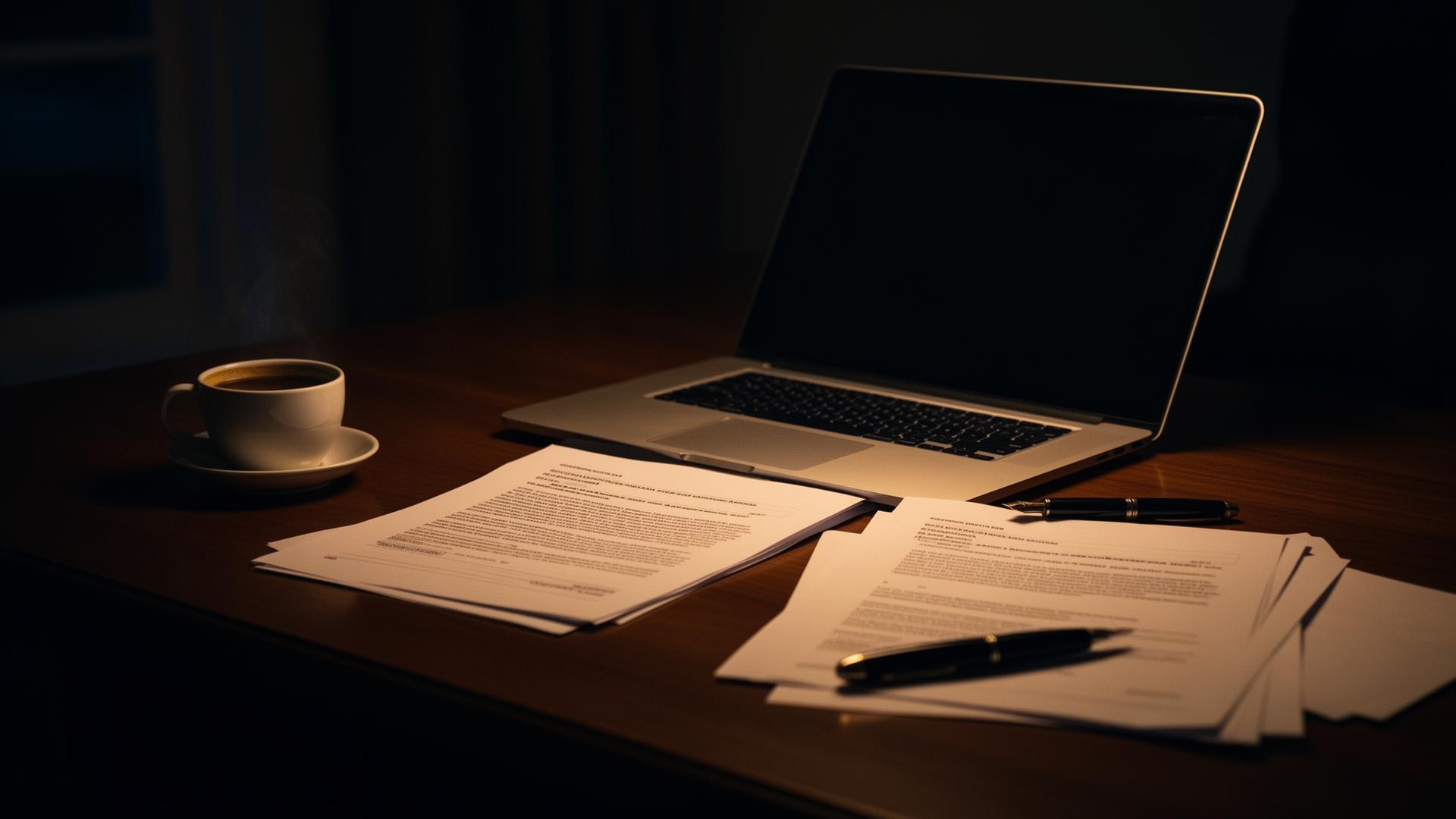 Quiet desk at night with laptop, coffee, and legal documents
