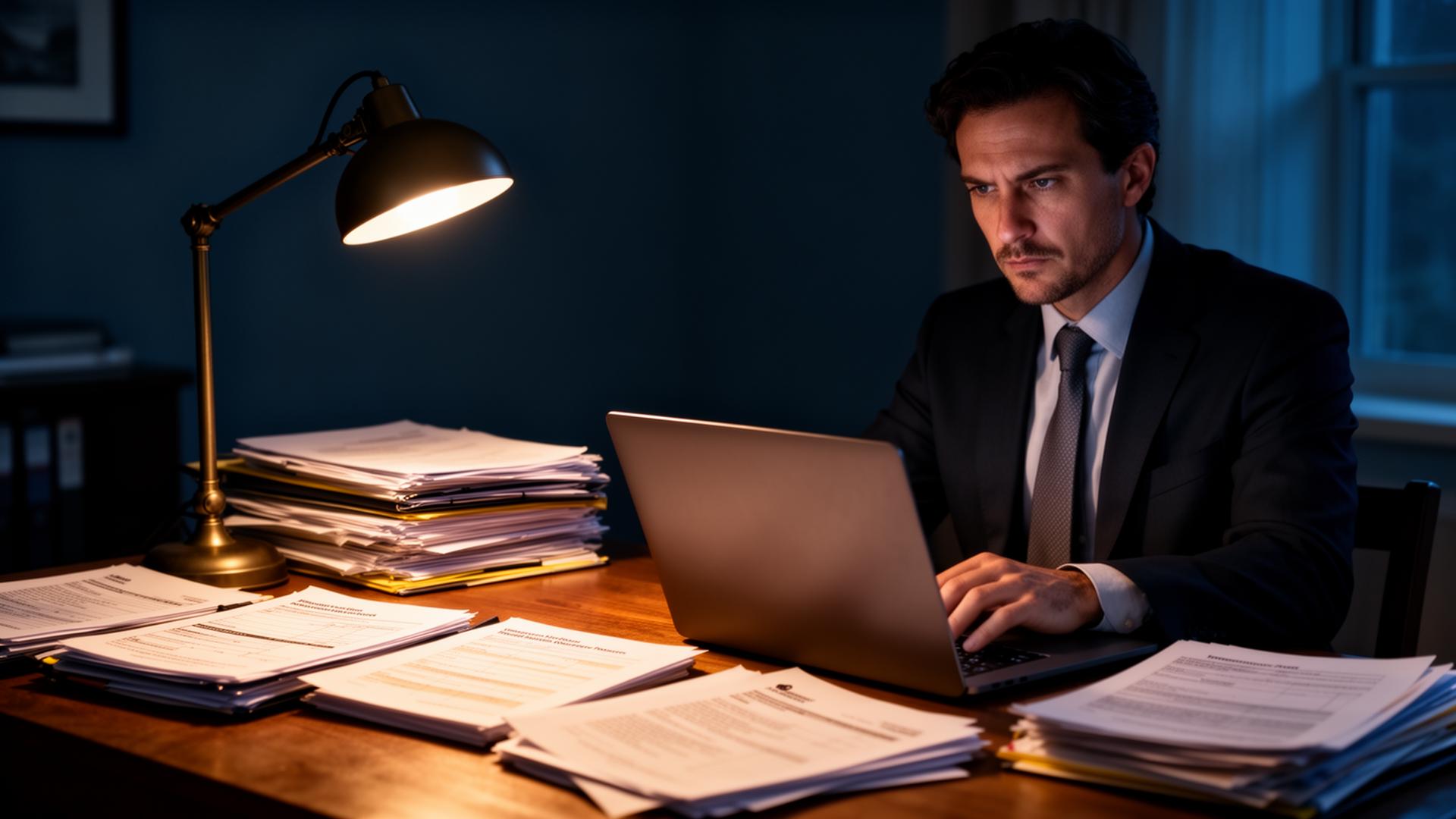 Immigration attorney working late at a laptop with case files and forms