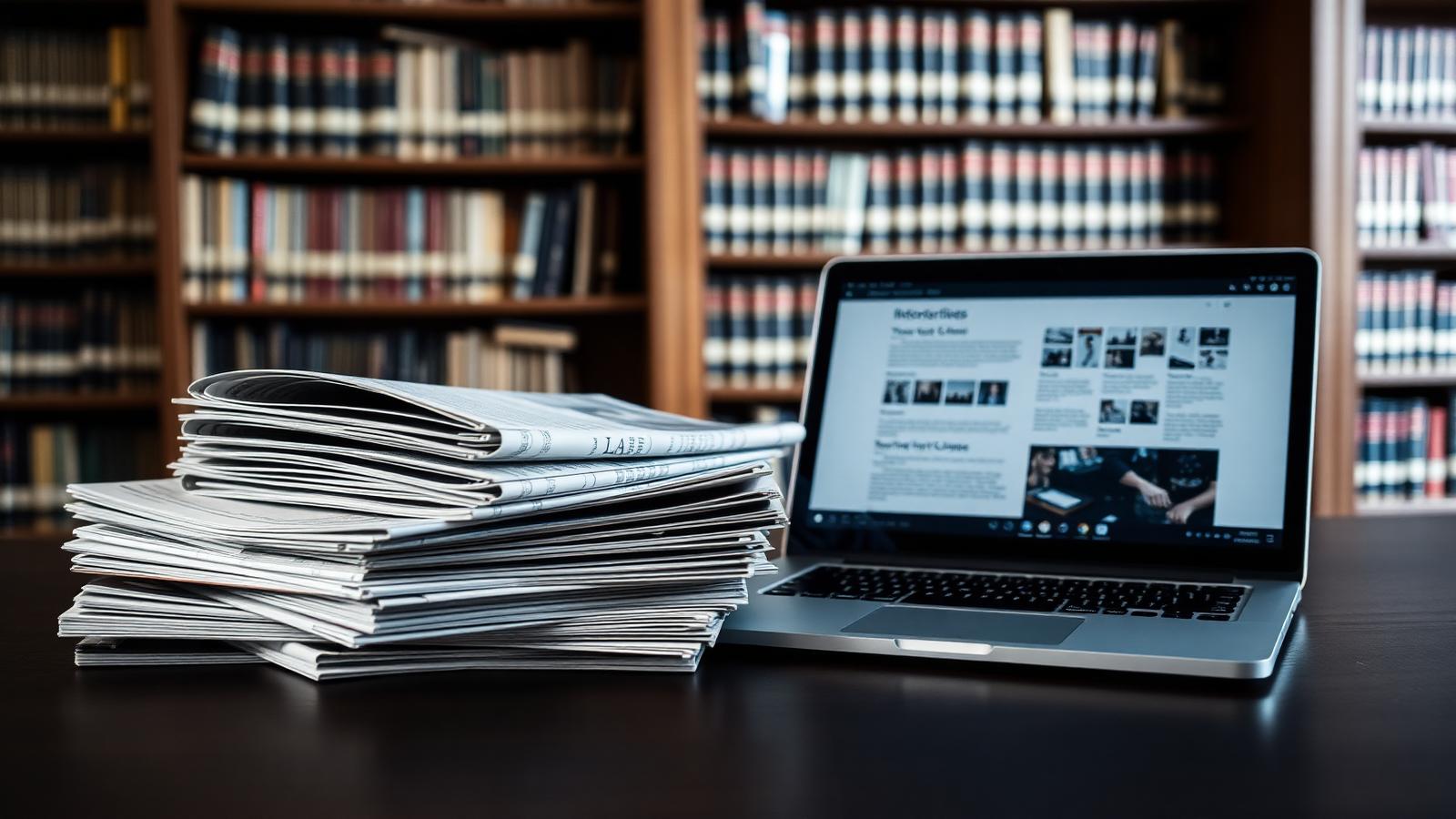 Stack of magazines next to a laptop showing an article grid in a law library